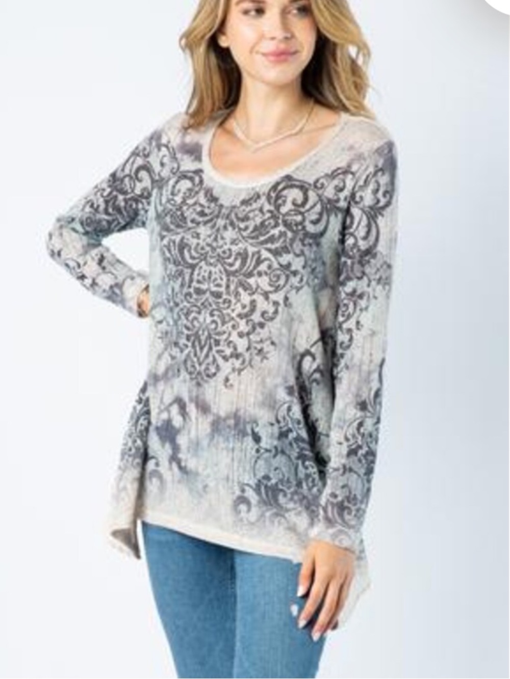 Vocal Gray and Black Ornate Print Tunic Top embellished floral print with stones